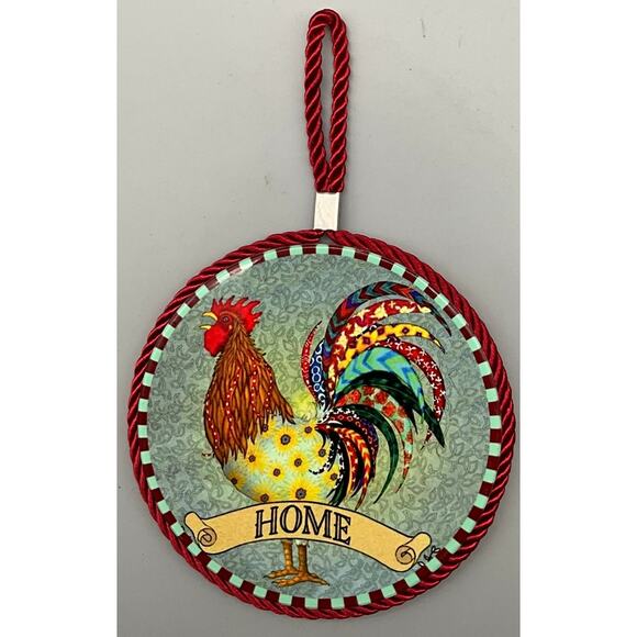 Hanging Wall Decor 5 1/2" Round Farmhouse Rooster Tile w/ cork back - Picture 1 of 5